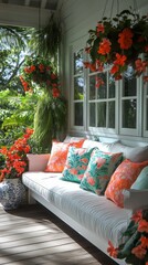 Serene porch scene: A cozy porch is adorned with vibrant orange flowers, inviting soft cushions and pillows, offering a peaceful retreat with natural light and lush greenery.