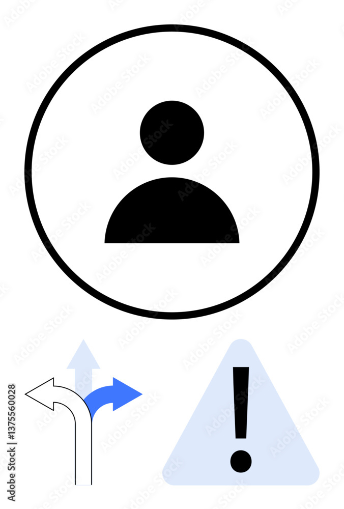 Poster user profile icon in a circle above diverging arrows pointing left and right and a caution sign. ide