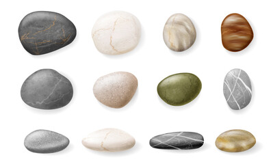 Smooth beach rocks, sea and ocean coast boulders of various color. Vector realistic style, Small river pebbles and stones collection. Massage and meditation concepts. Zen garden relaxation © Sensvector