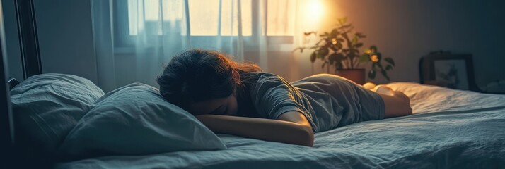 Sleep Deprived Woman in Minimalist Bedroom Crying Alone at Night Battling Depression and Seasonal Affective Disorder