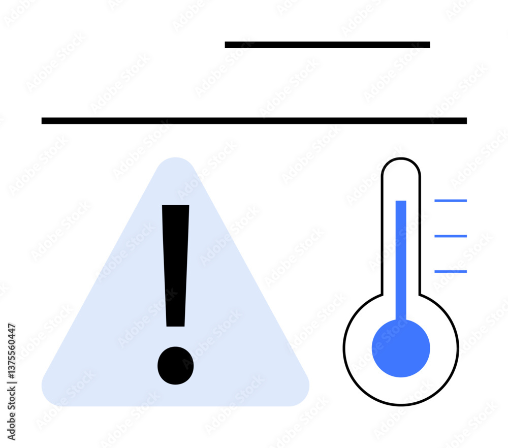 Poster warning triangle with exclamation mark alongside thermometer with rising levels and simple design. i