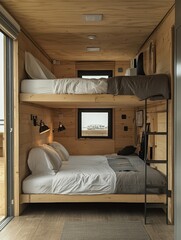 Cozy tiny house interior. Warm wood walls & ceiling meet a comfy bed, metal ladder, and peek of city views through a small window