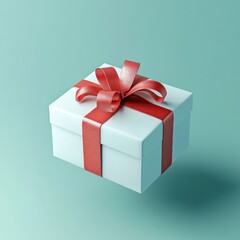 Obraz premium Floating White Gift Box with Red Ribbon on Soft Pastel Background 3D Rendering