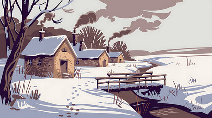 Fototapeta premium Winter village landscape with snow-covered houses and a wooden bridge over a stream