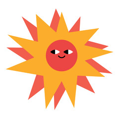 Cheerful Cartoon Sun Face Vector Illustration. Bright cartoon sun with a happy face, featuring vibrant orange and red rays. Smiling expression creates a friendly, uplifting vibe. 