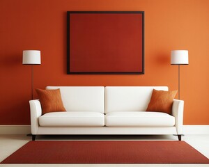 Concept of modern design solutions. Modern living room with white sofa, orange wall and stylish lamps.