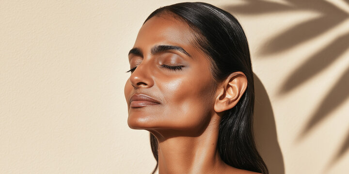 Mature Indian woman with clean natural face and beige background with leaf shadows
