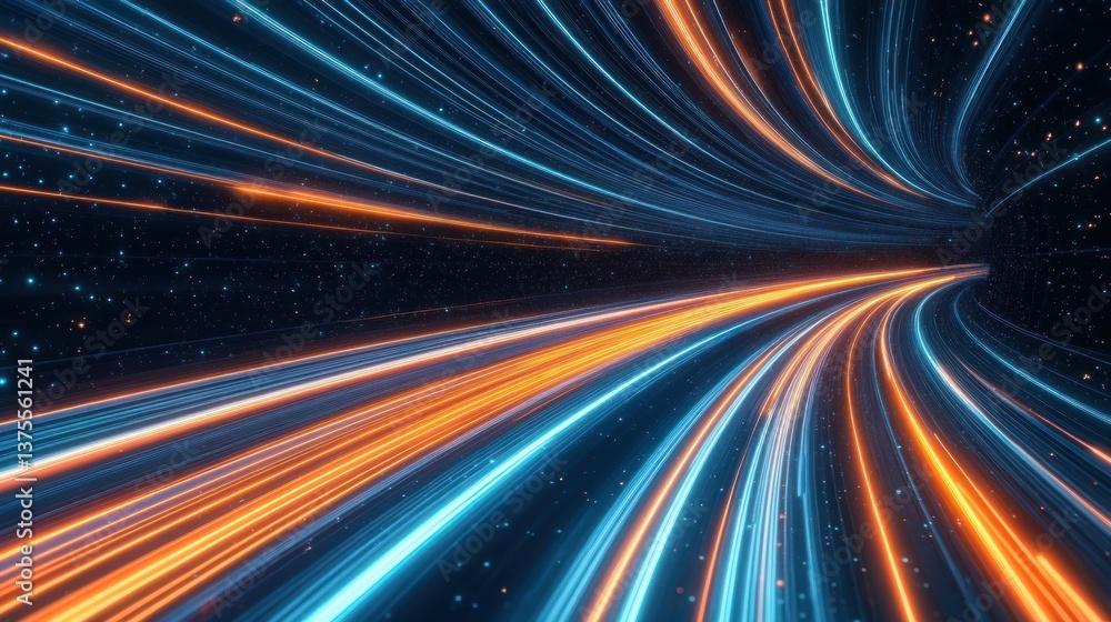 Poster futuristic dynamic light trails in space with neon colors acceleration and motion blur