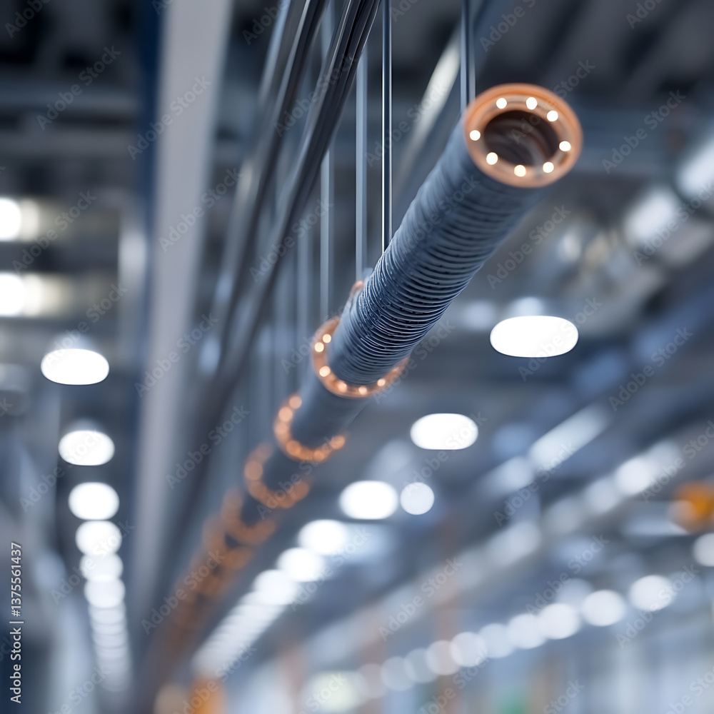 Poster detailed and realistic image of electrical cables hanging in industrial setting, showcasing their in