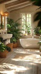 Tranquil Bathroom Oasis: A serene and inviting bathroom bathed in natural light, featuring lush greenery, a freestanding bathtub, and natural textures.
