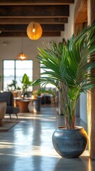 Fototapeta premium Indoor Oasis: Lush greenery and architectural charm blend seamlessly in this bright, airy interior. The image showcases vibrant plants, natural light, and elegant design elements.