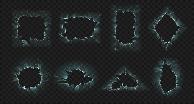 Broken glass frames in form of geometric shapes. Vector isolated collection of borders. Triangles, rectangles and squares, circles and rhombus with sharp corners of transparent material