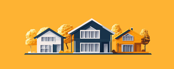 Obraz premium Modern suburban houses on yellow background with autumn trees, vector.