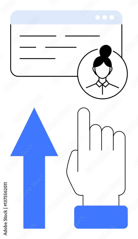Poster user profile icon linked to webpage with text, upward arrow, and hand gesture suggesting navigation.
