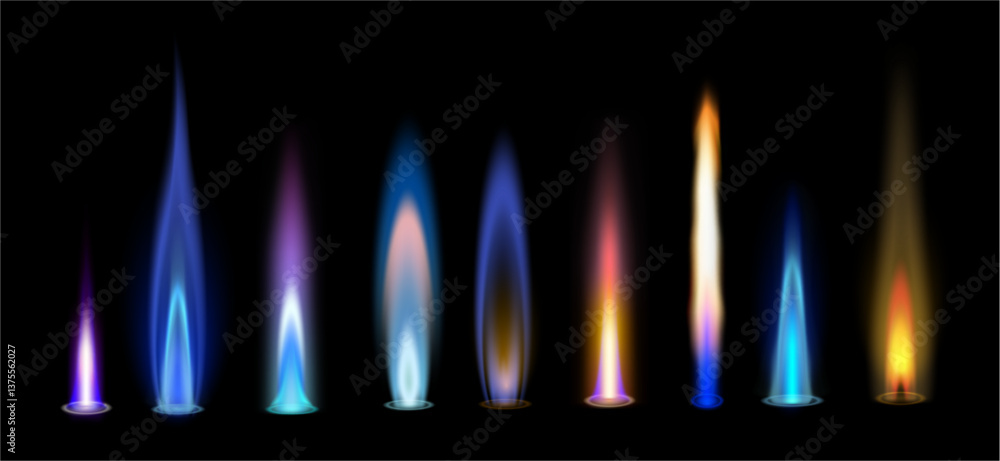 Poster gas flames set, illuminated abstract vibrant burning fire collection. vector realistic glowing flare