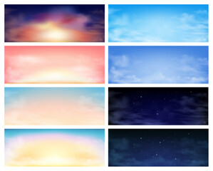Obraz premium Day and night cloudscape view, sky with clouds. Vector in realistic style, nighttime with stars and constellations. Sunset or sundown scenery with light and cloudy weather. Summer or spring