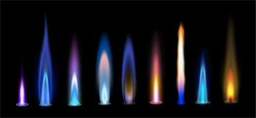 Gas flames set, illuminated abstract vibrant burning fire collection. Vector realistic glowing flares, flash flicker spark of different shape. Danger natural methane flaming or blazing light © Sensvector