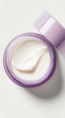 Close up of luxurious skincare cream in purple jar, showcasing its smooth texture and promising pampering experience, radiating hope and self care