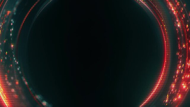 Circular orange green light streaks and particle background loop. Futuristic abstract 3D animation showcase and HUD backplate with revolving code effect orbiting black copy space.