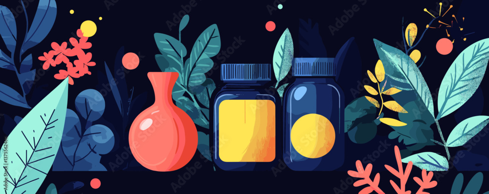 Poster colorful botanical elements and jars in a nature-inspired composition vector.