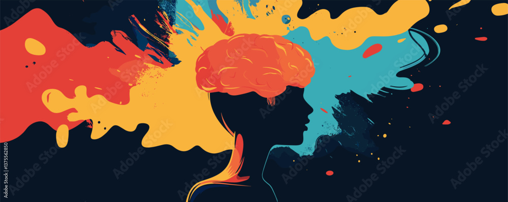 Poster colorful abstract silhouette with splashes and brain, artistic expression vector.