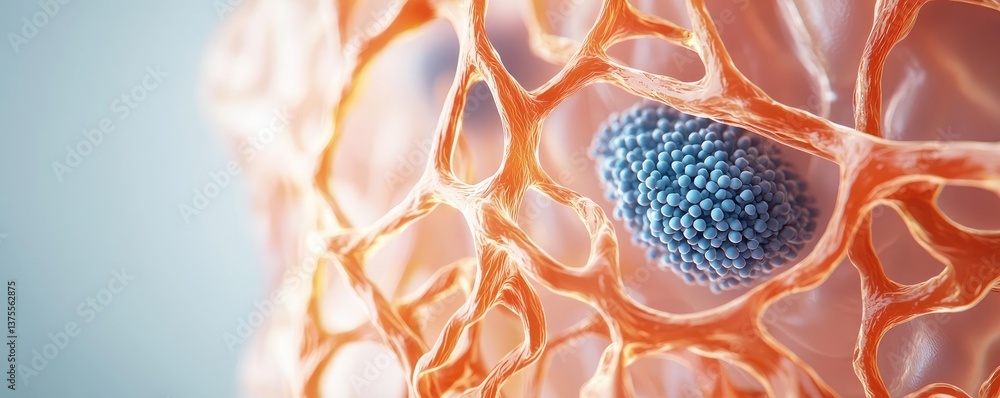 Poster blue exosome particles in medical and skincare concept. detailed macro view of a cell structure with