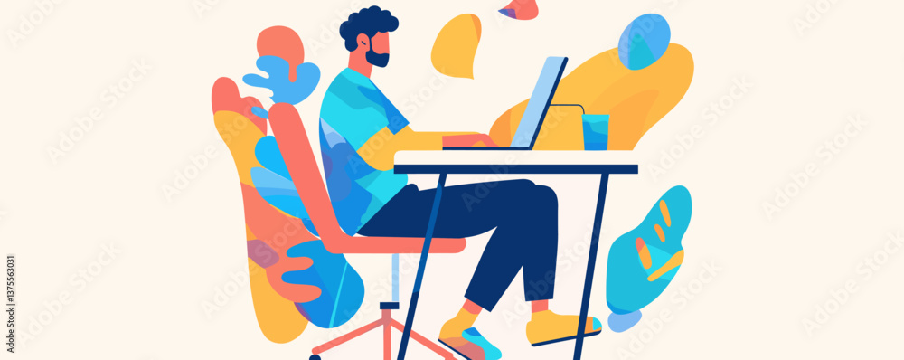 Poster young man working at computer in modern colorful workspace, creative office setting vector.