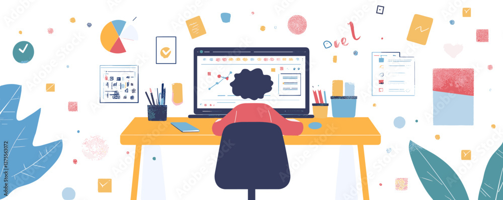 Poster person working at desk with computer analyzing data, modern office concept vector.