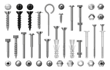 Screws, steel bolts and hex nut isolated set of metal instruments for fastening. Vector in realistic style. Stainless tools for carpentry and renovation. Nails and rivets for construction