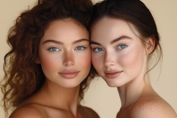 Celebrating Diversity and Friendship Between Two Women Emphasizing Natural Beauty and Connection in a Minimalist Portrait
