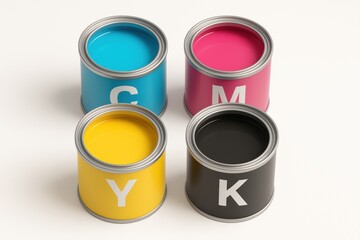 CMYK Color Palette: A vibrant display of the essential hues in print and design. Cyan, magenta, yellow, and black inks in small tins, representing the core colors for printers.