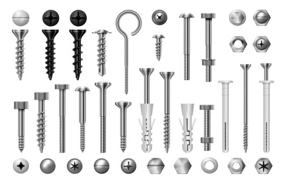 Screws, steel bolts and hex nut isolated set of metal instruments for fastening. Vector in realistic style. Stainless tools for carpentry and renovation. Nails and rivets for construction