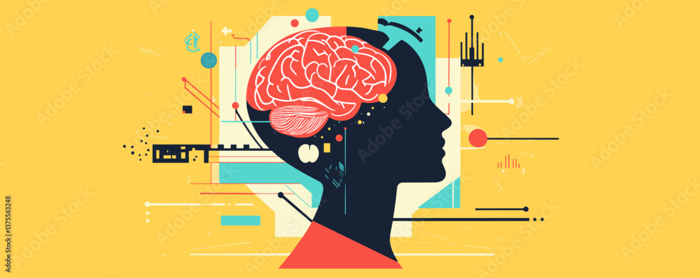 Poster abstract human profile with brain and innovative technology elements in yellow background - vector.