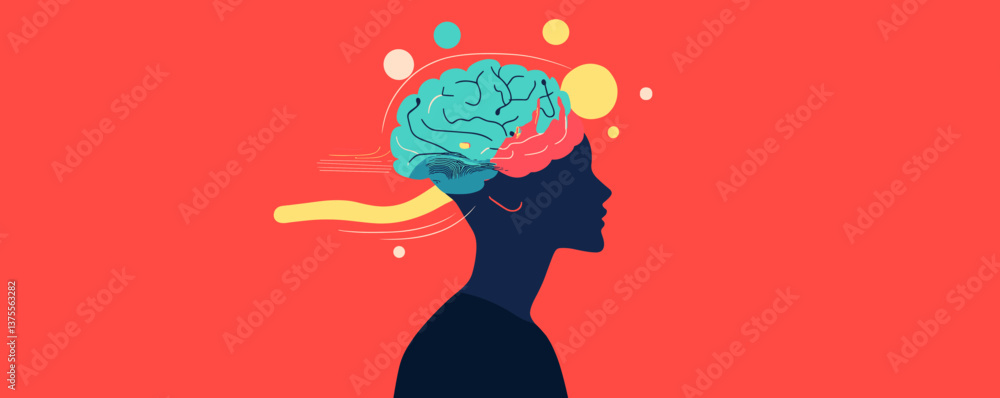 Poster silhouette of a human head with colorful brain and floating circles on red background - vector.