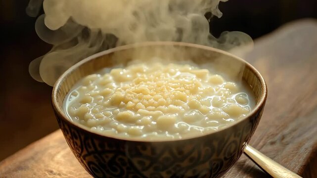 Creamy tapioca pudding served in a rustic bowl with soft lighting enhancing its texture and color, Bowl of creamy tapioca pudding in soft lighting