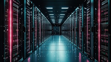 Fototapeta premium A sleek and advanced server room illuminated by neon lights, showcasing rows of servers and a modern design, representing the future of technology and data centers.