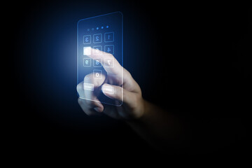 Hand pressing passcode button on virtual screen to unlock, security system, cyber security