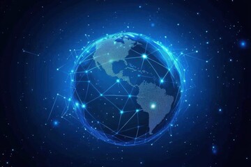 Digital data connections form a global network across continents and oceans in vibrant blue tones, digital data processing and connections over globe on dark background