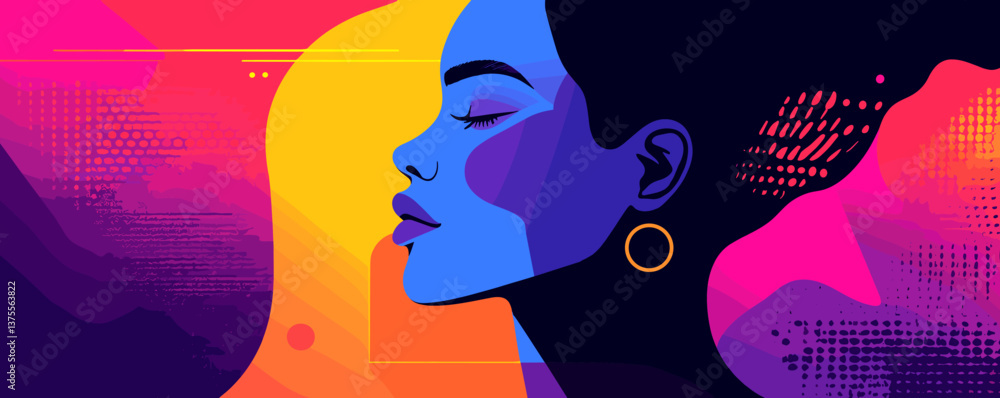 Poster abstract colorful female portrait with bold shapes and patterns - vector.