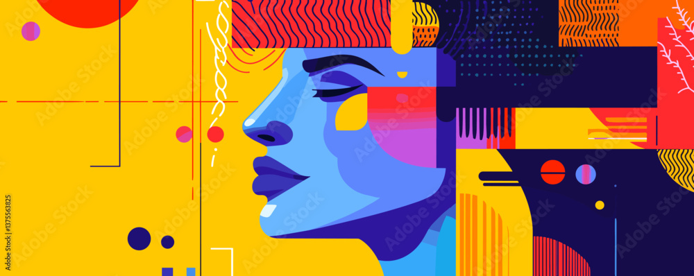 Poster abstract portrait art in vibrant colors featuring geometric shapes and patterns - vector.
