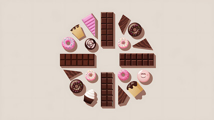 Sweet treats chocolate donuts cupcakes flat lay design