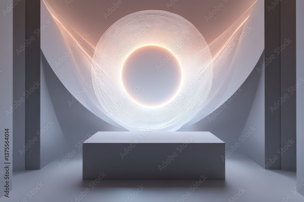 Poster neon circle over shifting white shapes creating a modern artistic display in a minimalistic space, n