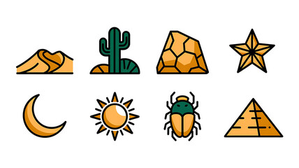 Desert Icons: Sand dunes cactus sun star pyramid beetle Flat bold and stylized