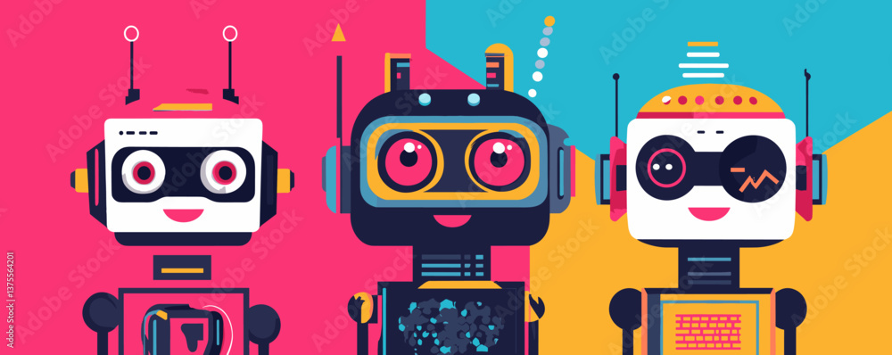 Poster three colorful cartoon robots with smiling faces on geometric background - vector.