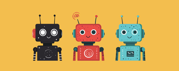 Obraz premium Three cute colorful robots on yellow background vector.