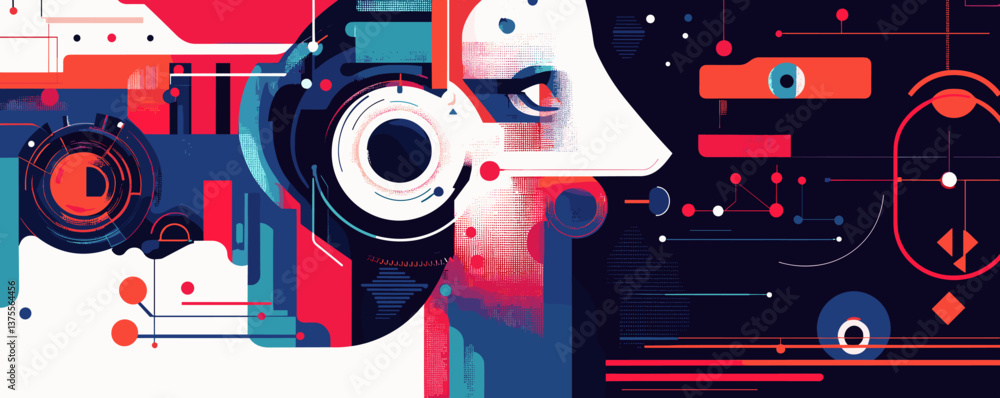 Poster futuristic abstract cyber design with geometric shapes and face profile - vector.