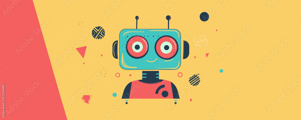 Poster colorful retro robot with geometric patterns on yellow background, digital art vector.