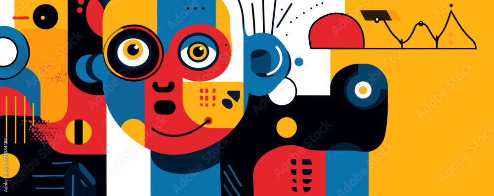 Poster abstract geometric face with vibrant patterns and dynamic shapes vector.