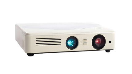 Fototapeta premium A front view of a white projector with visible lens and vents on a dark background in a studio shot
