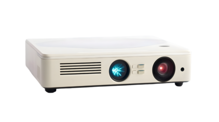 A front view of a white projector with visible lens and vents on a dark background in a studio shot
